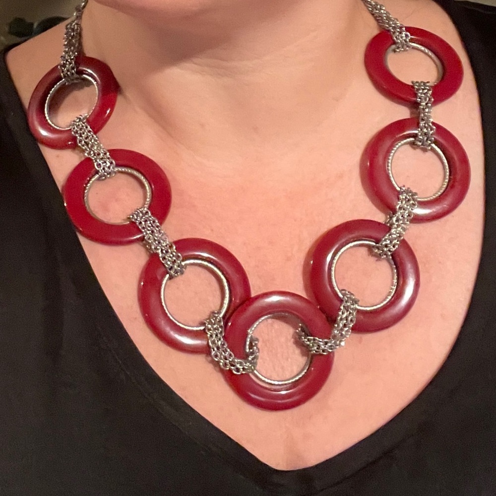 Red acrylic and silver chain necklace